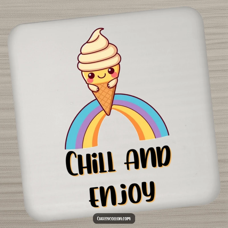 Funny Kawaii Ice Cream Coasters: Cute, happy kawaii ice cream cone characters sliding down rainbows, adding sweet decor.