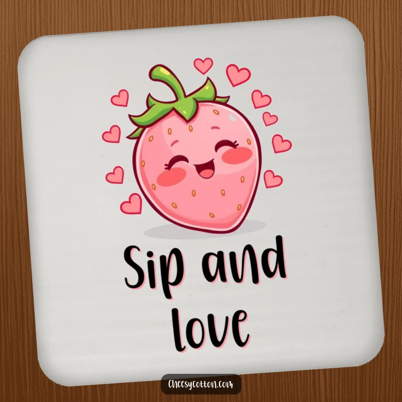 Funny kawaii strawberry giggling and juggling hearts, designed as a humorous coaster to protect surfaces from drinks.
