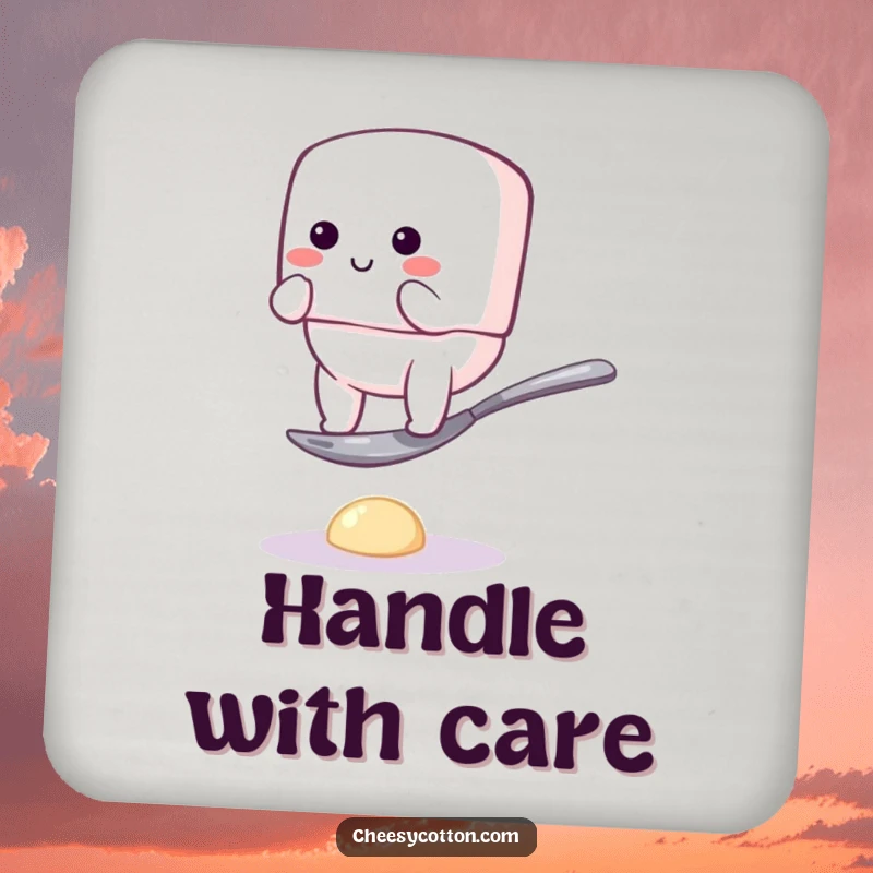 Funny drink coaster with a bouncy marshmallow character hilariously trying to balance on a tiny spoon, protecting surfaces with a dose of humor.