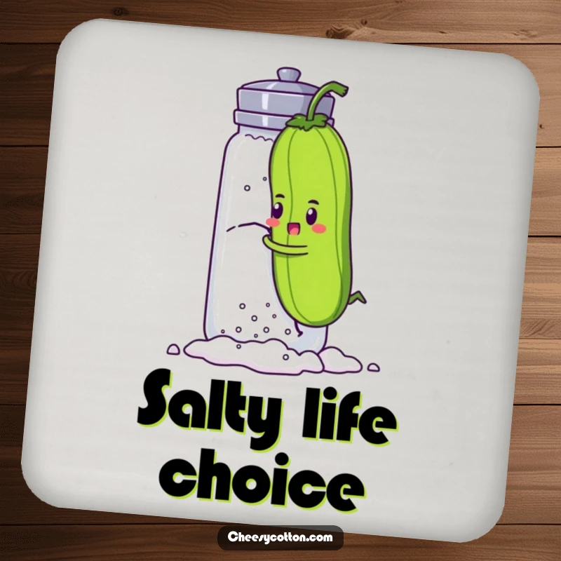 Funny drink coaster with a determined pickle character hilariously trying to climb a giant salt shaker, protecting surfaces with a dose of humor.