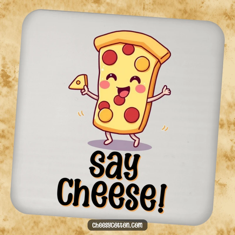 Funny kawaii pizza slice character dancing with cheese, on a protective drink coaster, ideal funny gift.