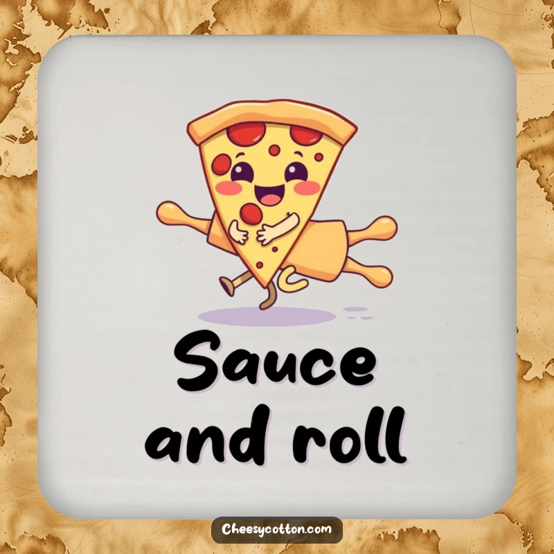 Funny drink coaster with a giggling pizza slice character humorously riding a runaway rolling pin, protecting surfaces with a dose of fun.