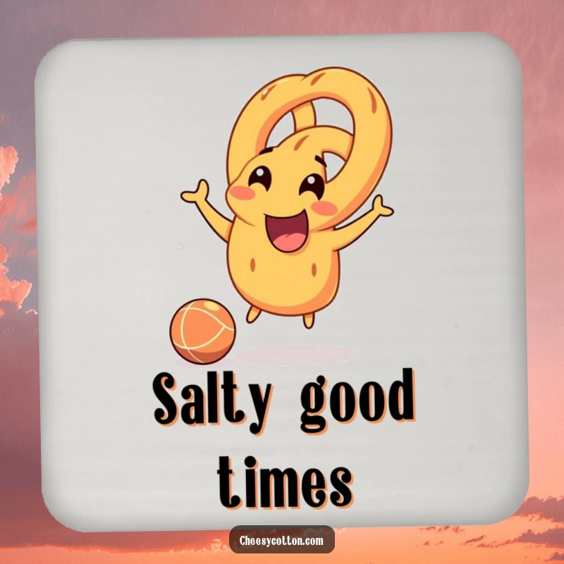 Funny smiling pretzel character joyfully bouncing a rubber ball, protects surfaces with a playful attitude, great for any table.