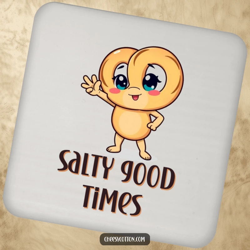 Funny coaster featuring a pretzel character striking a confident pose, protecting surfaces with flair.