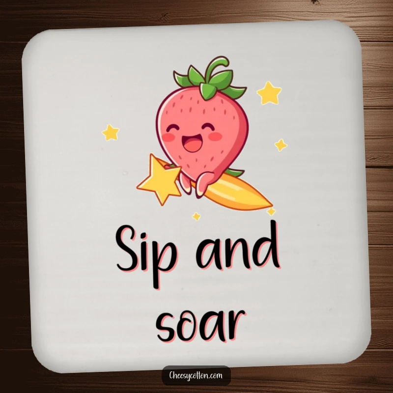 Funny drink coaster with a cheerful strawberry character, excitedly riding a shooting star, adding festive cosmic flair.
