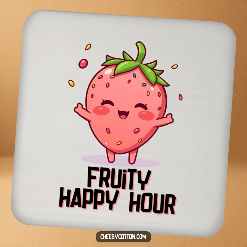 Funny Strawberry Sprinkle Coaster: A coaster featuring a blushing strawberry character juggling colorful sprinkles.