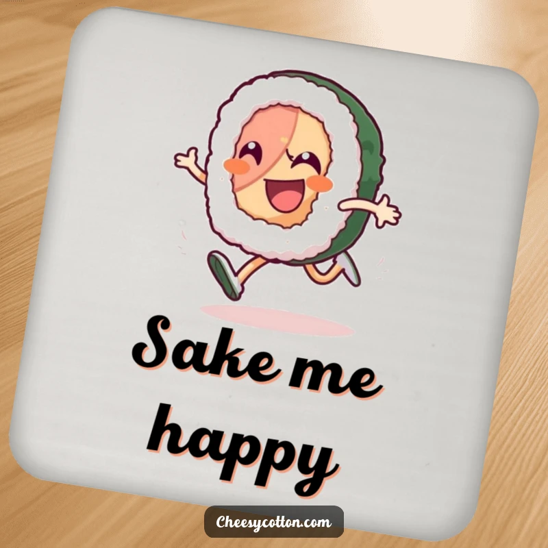 Funny sushi roll character in a high-knee run, printed on a protective drink coaster, ideal funny gift.