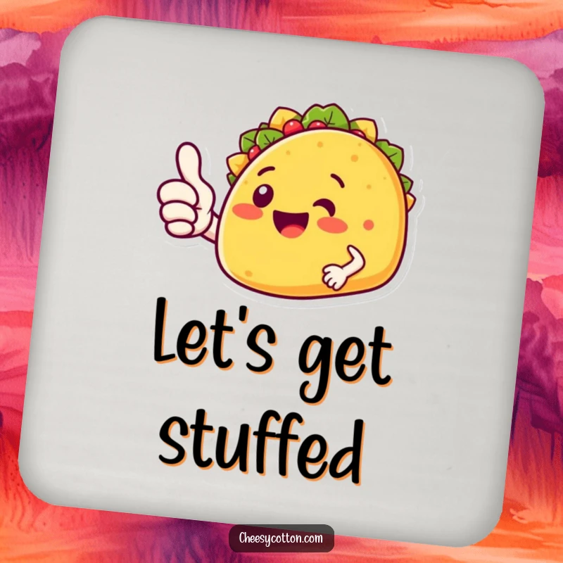 Funny taco character giving a thumbs up, illustrated on a drink coaster for a touch of humor.