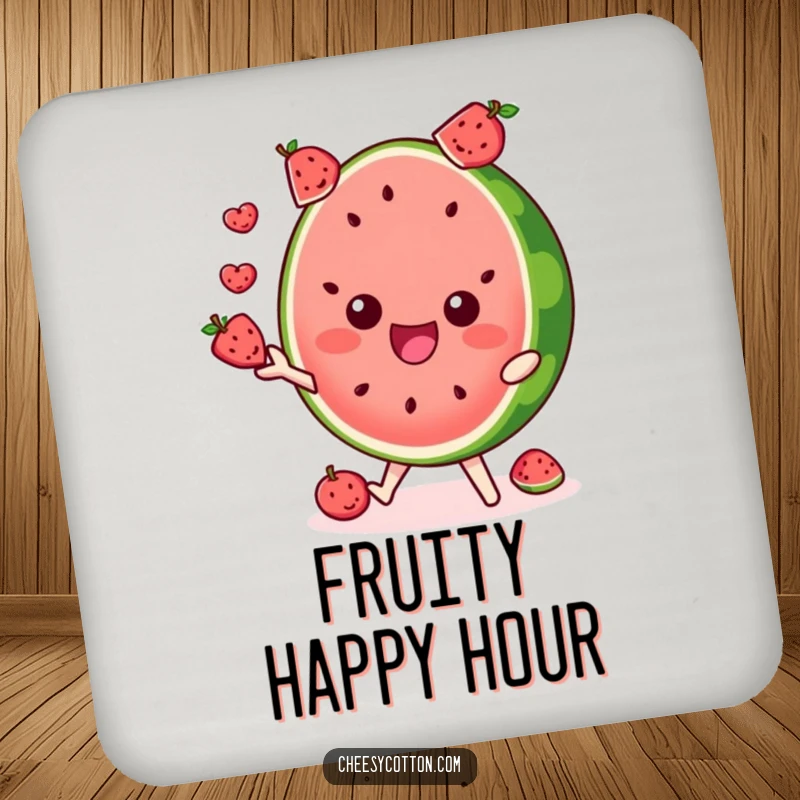 Funny coaster featuring a delighted watermelon slice character juggling fruits, protecting surfaces with flair.