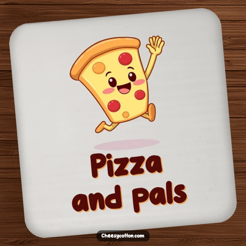 Funny pizza slice character leaping for a high five on a protective drink coaster, adding humor to surfaces.