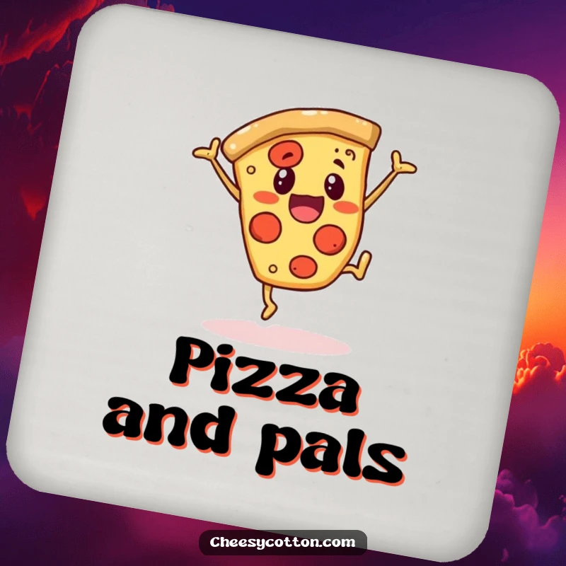Funny drink coaster showcasing a cheerful pizza slice character doing a cartwheel, adding humorous protection and pizza flair.