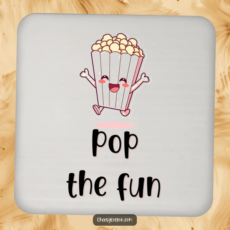 Funny coaster featuring a cheerful popcorn bag character joyfully leaping, protecting surfaces with flair.