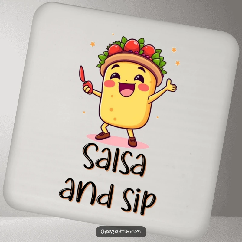 Funny coaster featuring a happy taco character dancing with a chili pepper, protecting surfaces with fiesta flair.