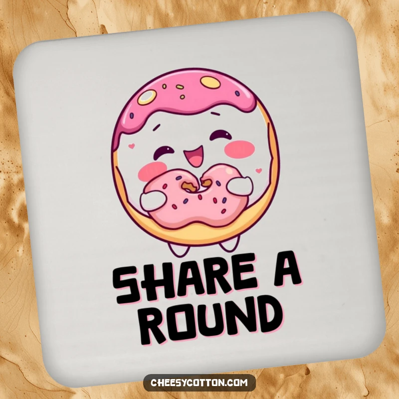 Funny donut character sharing a donut, illustrated on a drink coaster for a touch of humor.