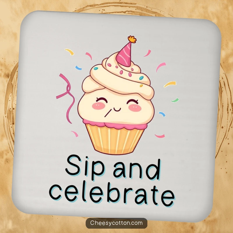 Funny drink coasters featuring a happy cupcake character blowing colorful party streamers, adding a festive and humorous touch to any table.