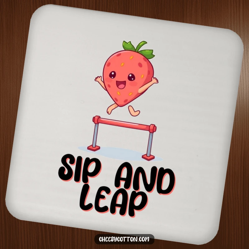 Funny drink coaster with a kawaii strawberry character leaping over a hurdle, protecting surfaces with joy.