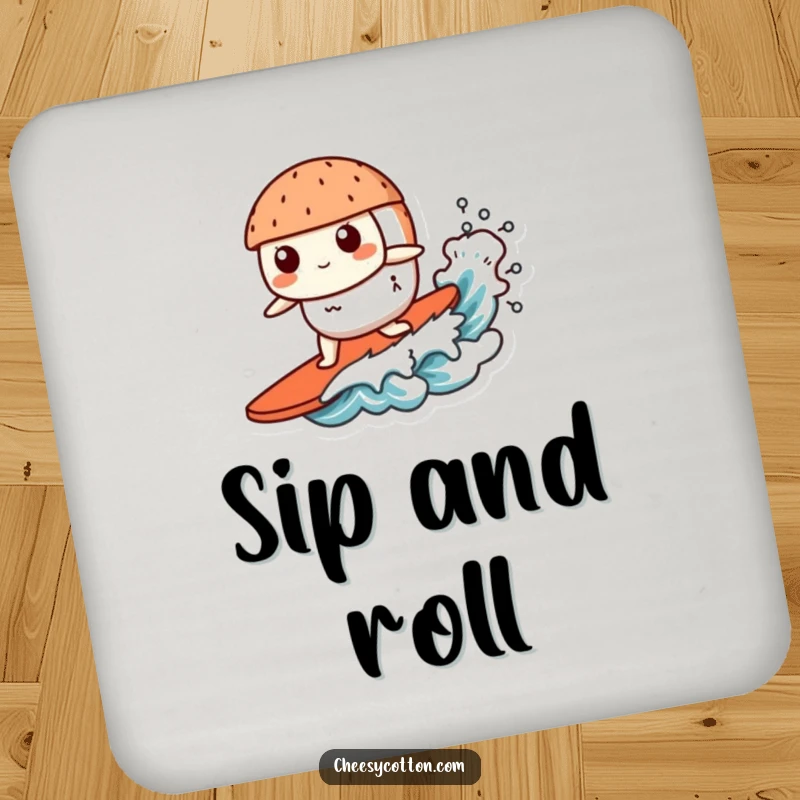 Funny Kawaii Sushi Coasters: Cute, happy kawaii sushi characters surfing small waves, adding fun ocean-themed decor.