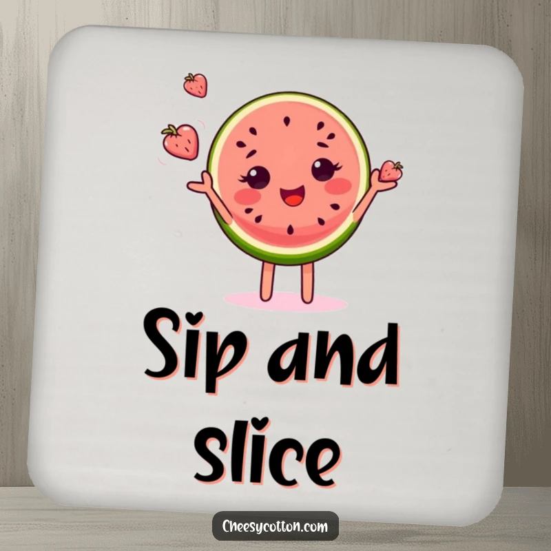 Funny drink coasters featuring a delighted watermelon slice character juggling tiny fruits, adding humor to beverage service.