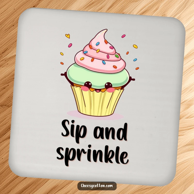 Funny drink coaster featuring a cheerful cupcake character happily juggling colorful sprinkles.