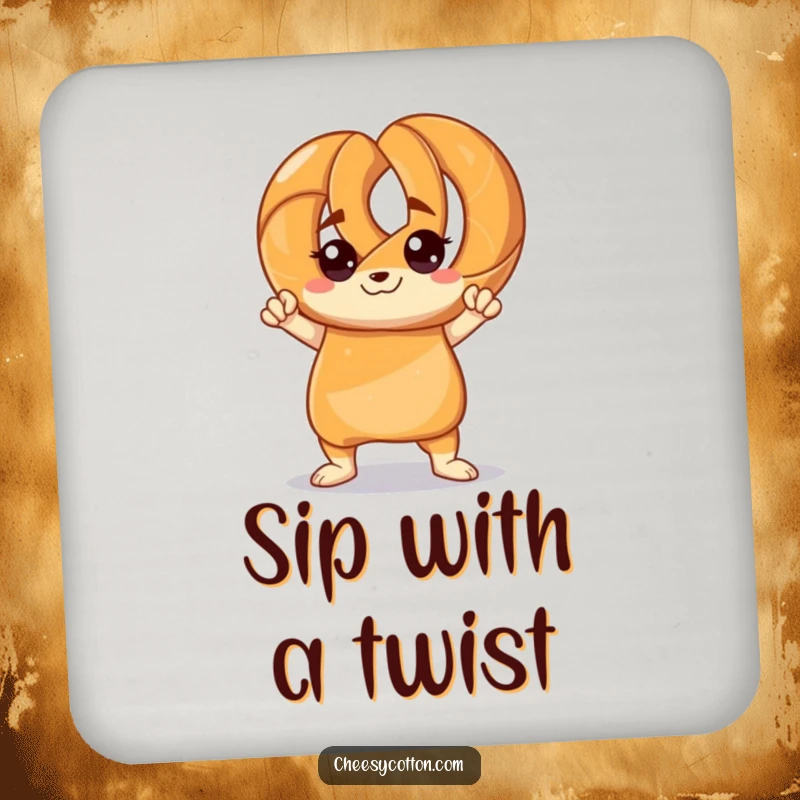 Funny drink coasters featuring a pretzel character striking a confident pose, adding a bold and humorous touch to gatherings.