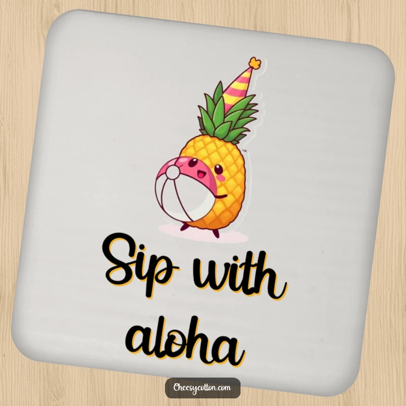 Funny kawaii pineapple wearing a party hat joyfully bouncing a beach ball on a drink coaster.