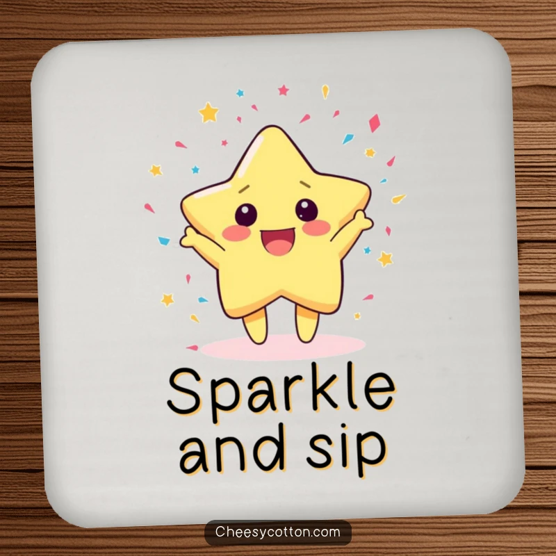 Funny Drink Coaster featuring a cute kawaii star character joyfully throwing confetti, adding a festive sparkle to surfaces.