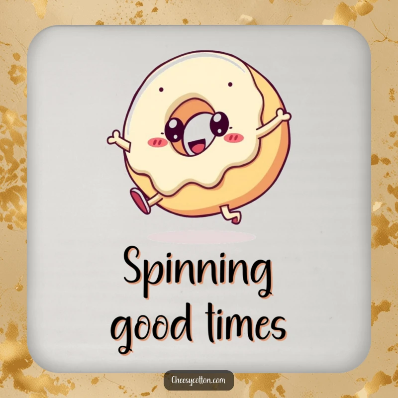 Funny kawaii doughnut doing a cartwheel, designed as a humorous coaster to protect surfaces from drink rings.