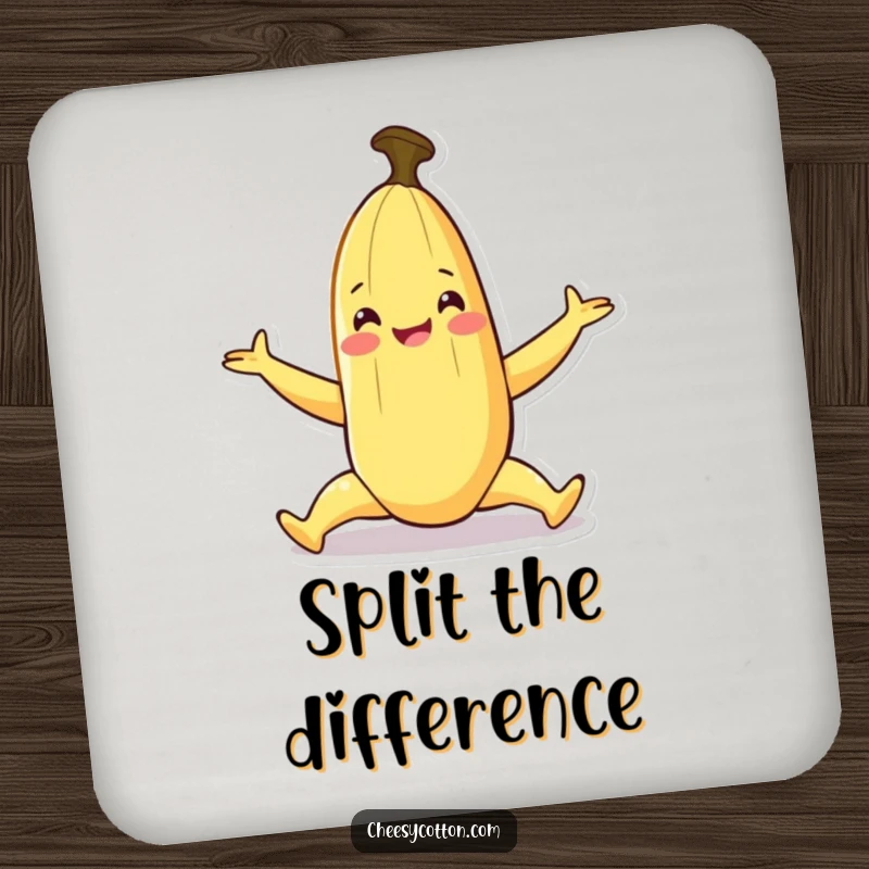 Funny coaster featuring a smiling banana character doing a playful split, protecting surfaces with flair.