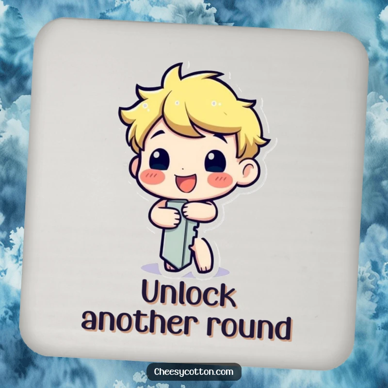 Funny drink coaster showcasing a happy key character cheerfully turning itself, protecting surfaces with humorous charm.