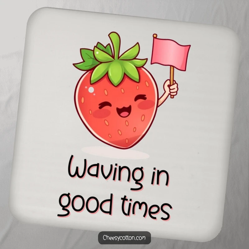 Funny coaster with a cute strawberry character enthusiastically waving a tiny flag, protecting surfaces with a cheerful and playful design.