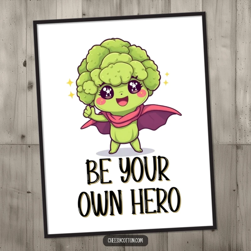 Funny Kawaii Broccoli Poster: A sparkling-eyed broccoli floret striking a superhero pose, perfect for heroic wall decor.