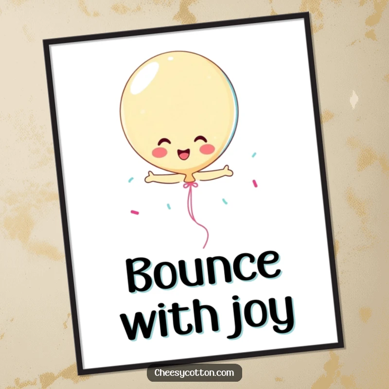 Funny playful balloon character bouncing with streamers, humorous wall art for parties and celebrations.