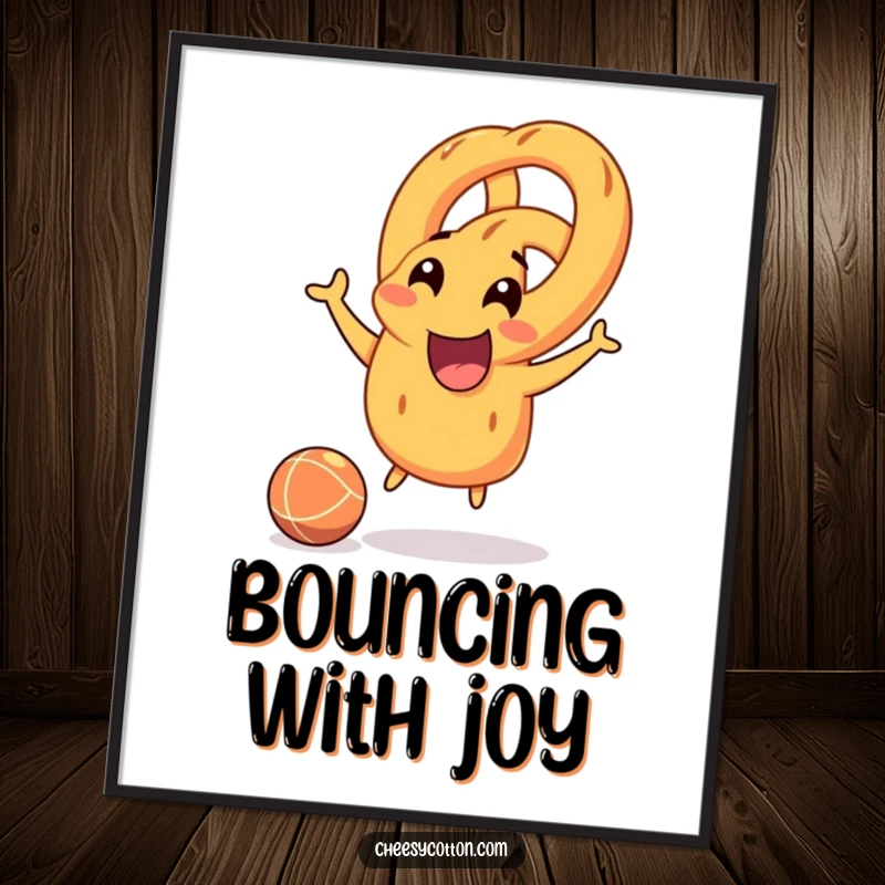 Funny smiling pretzel character joyfully bouncing a rubber ball, vibrant and playful wall art for game rooms or kids' spaces.