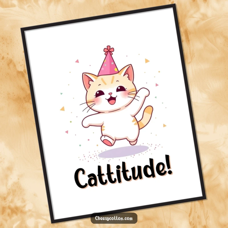 Funny poster of a Kawaii cat in a party hat, joyfully leaping through a shower of glitter, creating a magical scene.