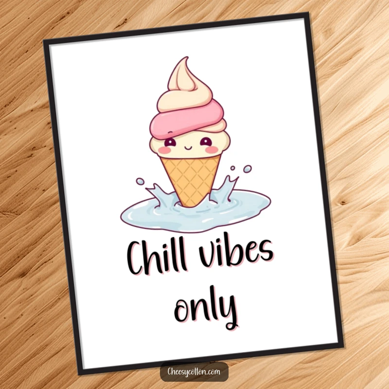 Funny Poster: A beaming ice cream cone splashing joyfully in a puddle creates a sweet, fun, and optimistic visual for any wall.