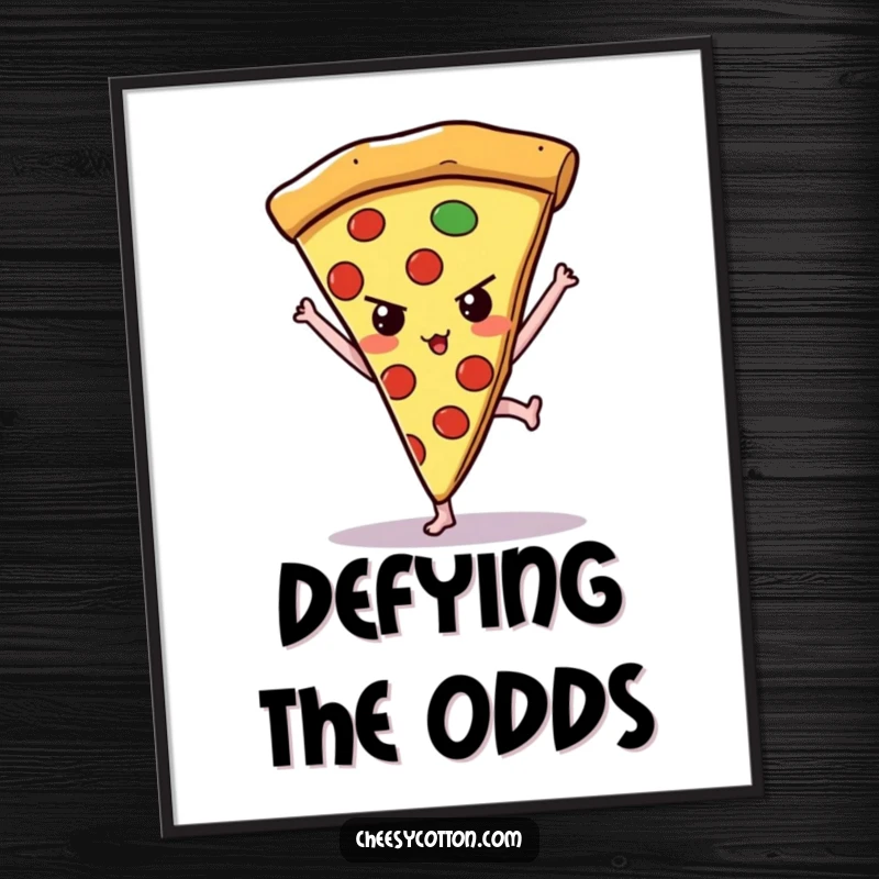 Funny kawaii pizza slice determinedly attempting a handstand, displayed as a humorous poster for motivational wall art.