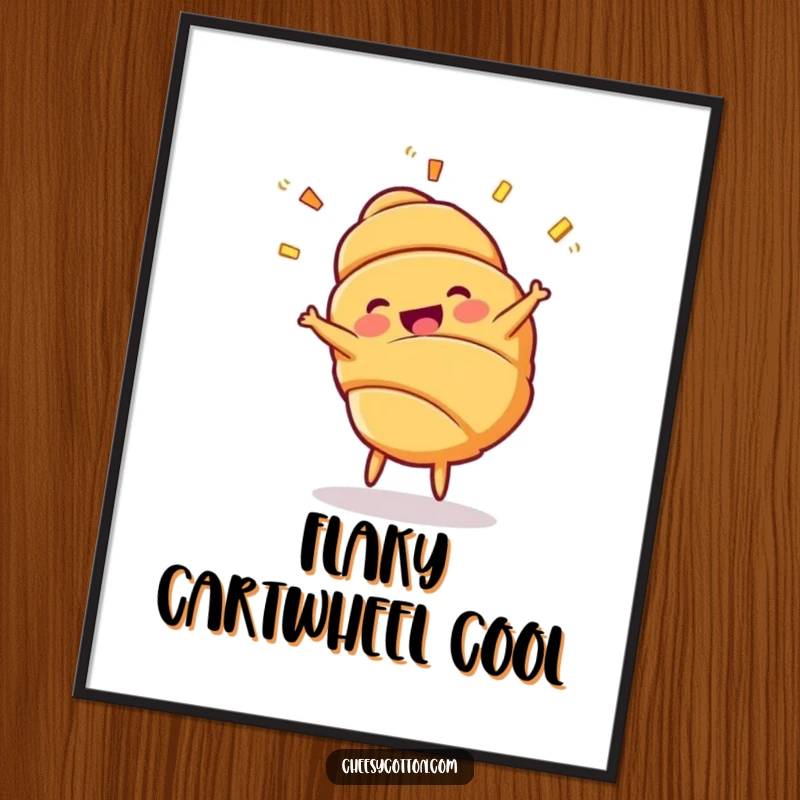 Funny Croissant Cartwheel Poster: Vibrant wall art of a cheerful croissant character mid-cartwheel with flaky layers flying dynamically.