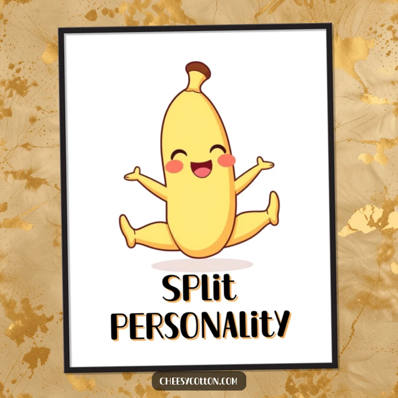 Funny poster print of a smiling banana character in a perfectly executed, playful split, a vibrant piece of art.