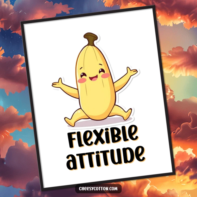 Funny poster of a smiling banana character performing a playful split, adding a fun vibe.