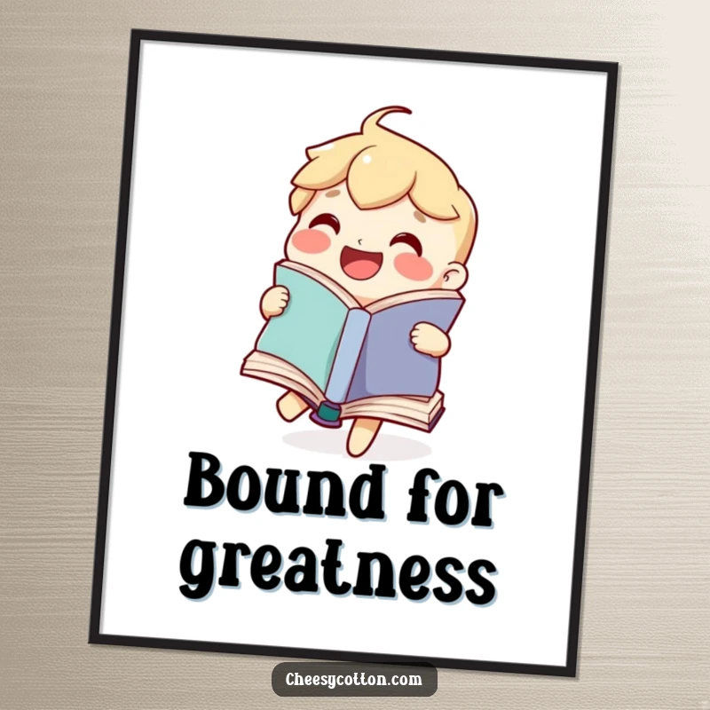 Funny poster art of a joyful book character happily flipping its pages, bringing literary humor and charm to walls.