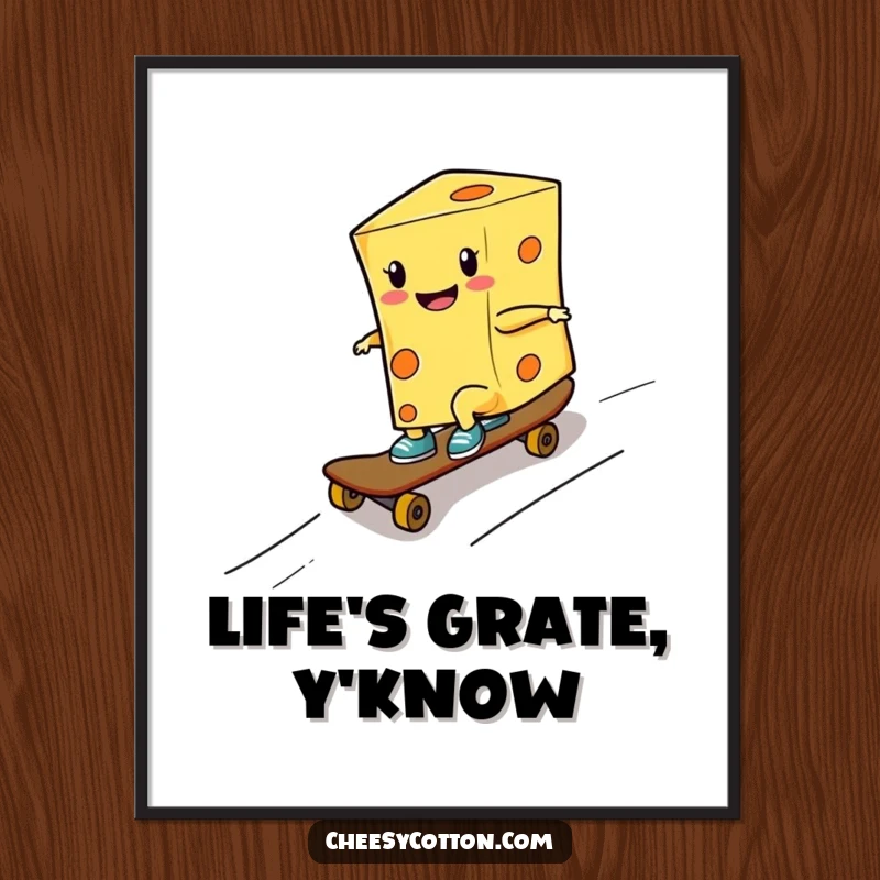 Funny poster art of a smiling cheese character skateboarding down a ramp, bringing extreme action and cool vibes to your walls.