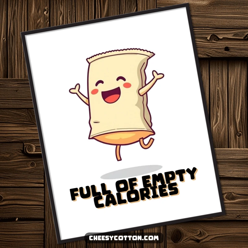 Funny Poster: A cartwheeling bag of chips adds dynamic, humorous energy to walls, perfect for a playful and fun atmosphere.