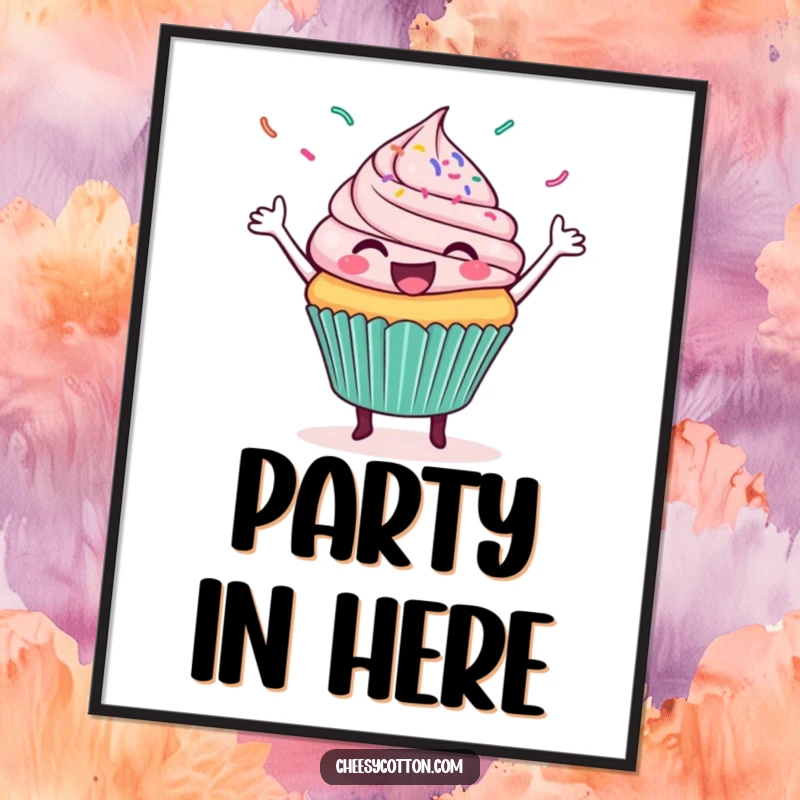 Funny poster art of a delightful cupcake performing a celebratory dance with a joyful shower of colorful sprinkles.