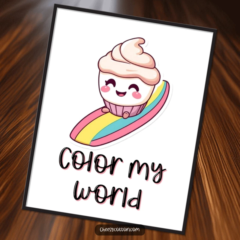 Funny poster art of a smiling cupcake character with mischievous eyes, sliding down a vibrant rainbow, capturing playful joy.