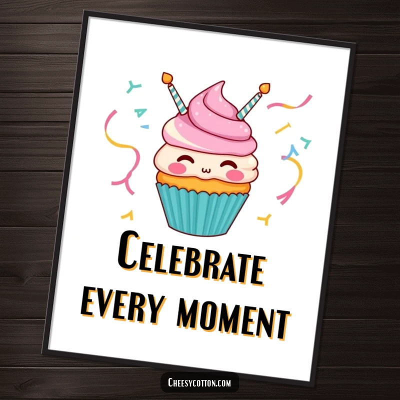 Funny poster of a happy cupcake character blowing colorful party streamers, creating a festive and joyful atmosphere.