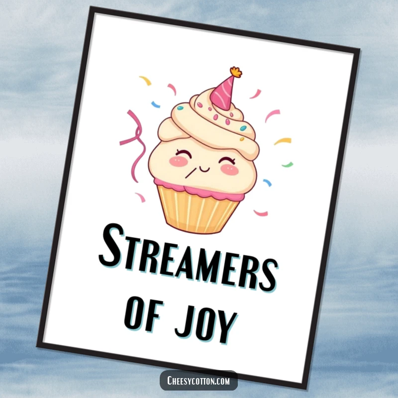 Funny poster of a happy cupcake character energetically blowing colorful party streamers, creating a vibrant and celebratory atmosphere.
