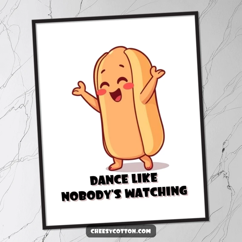 Funny Hot Dog Poster: A vibrant depiction of a hot dog character performing a silly dance move, bringing energetic fun and humor to any room.