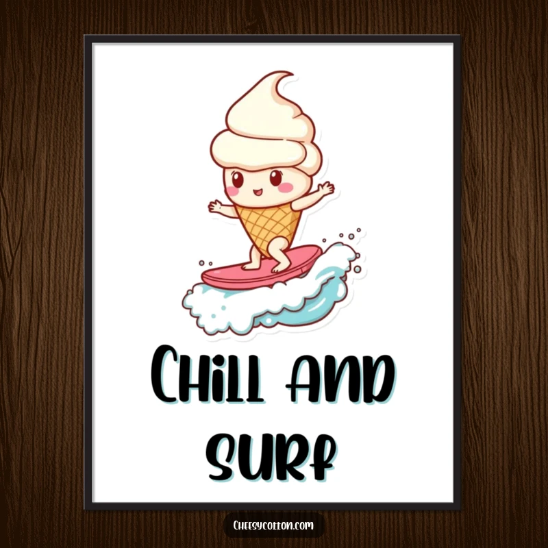 Funny ice cream cone surfing a candy wave, humorous wall art for kitchens, cafes, or sweet-themed rooms.