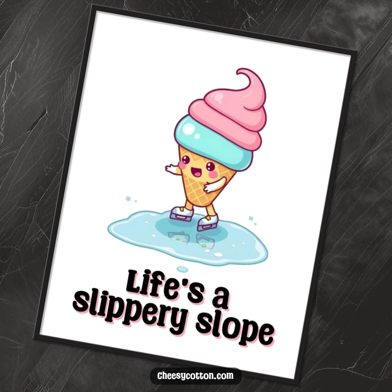 Funny Poster of a playful ice cream cone character attempting to ice skate on a puddle, showcasing determination and humor.