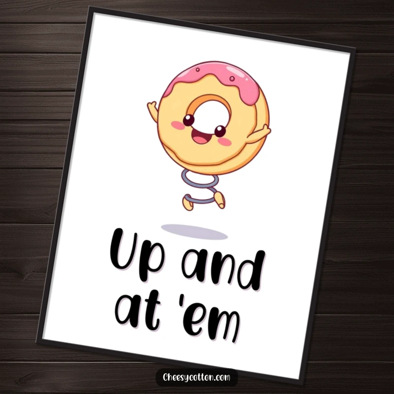 Funny Poster of a cute kawaii donut character bouncing energetically on a spring, adding a splash of cheerful art.